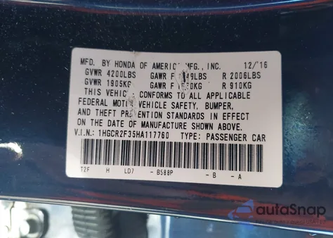 2017 Honda Accord Lx from USA, damaged, VIN 1HGCR2F35HA117760
